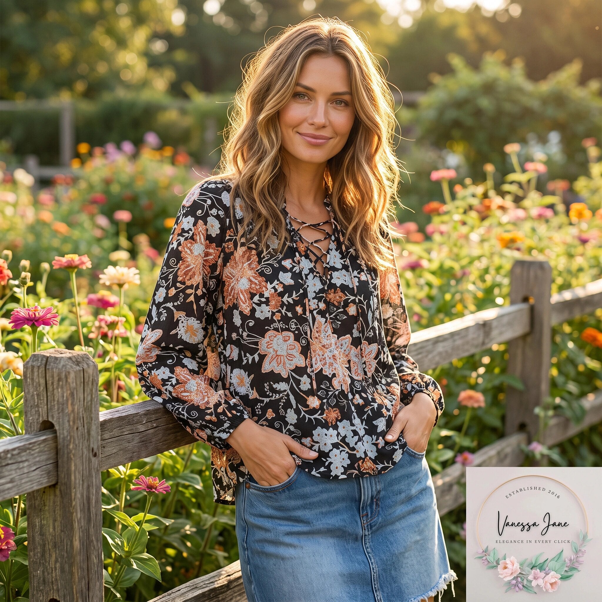 Elan Botanical Print Lace up Top