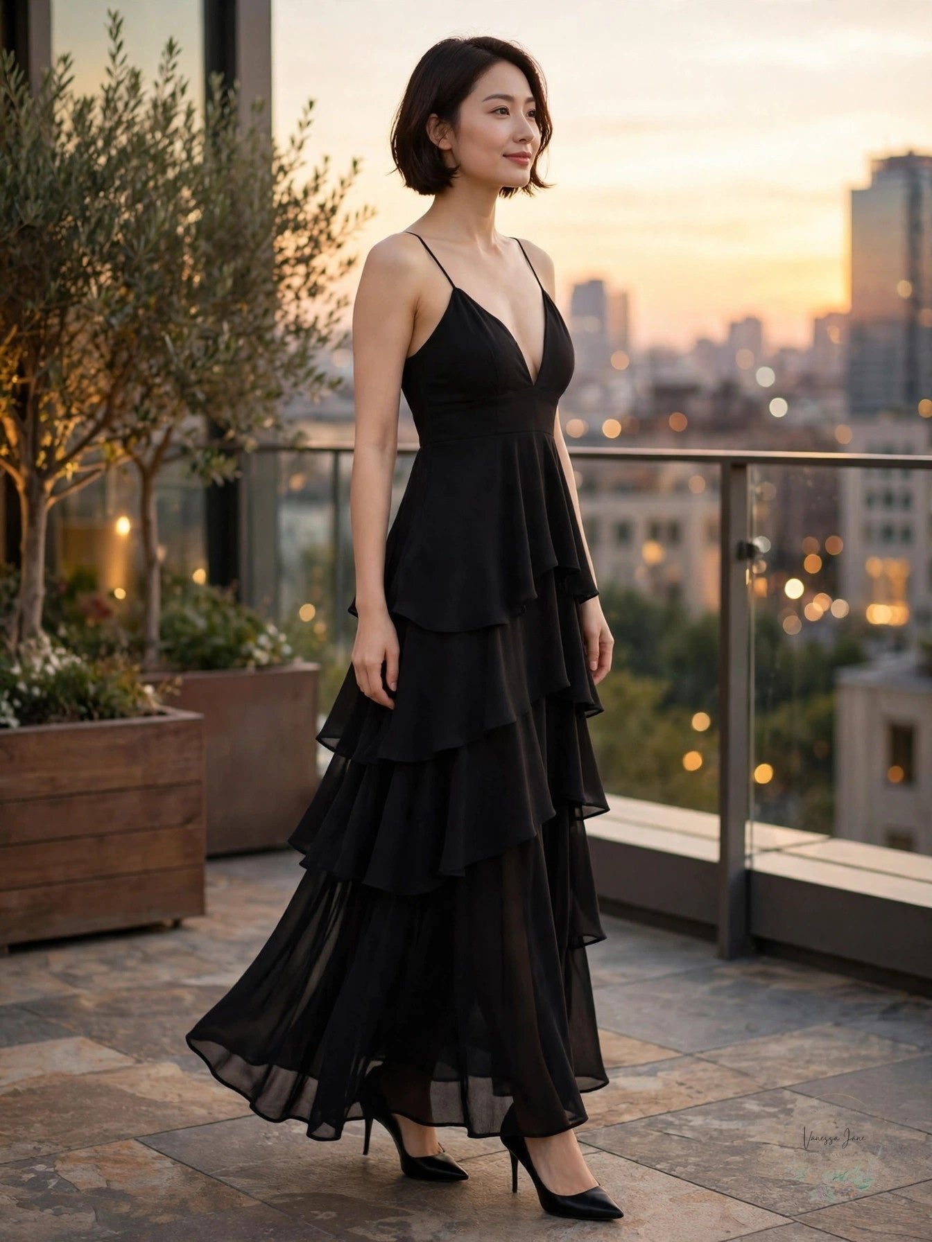 Gracia Flare Layered Elegant Maxi Dress Black