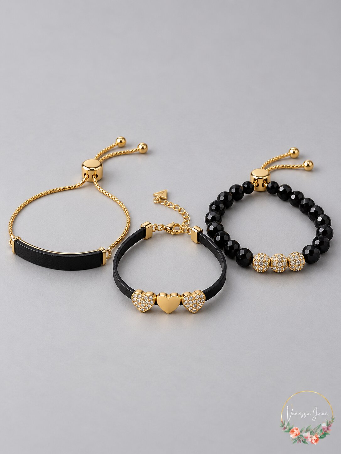 Guess Gold-Tone 3-Pc. Set Crystal, Heart & Bead Faux Leather Slider Bracelets