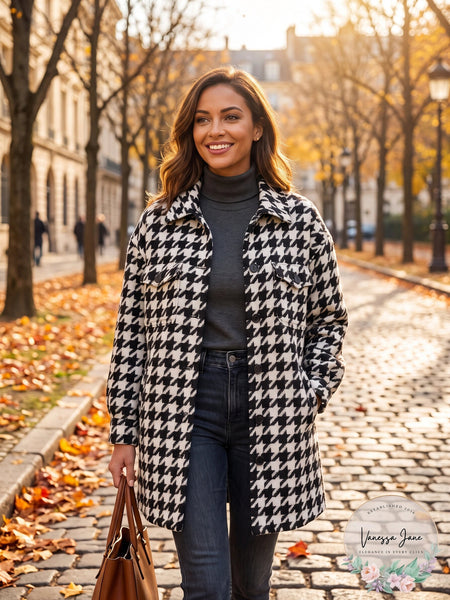 BAGATELLE.NYC Womens Black White Houndstooth Shirt Jacket