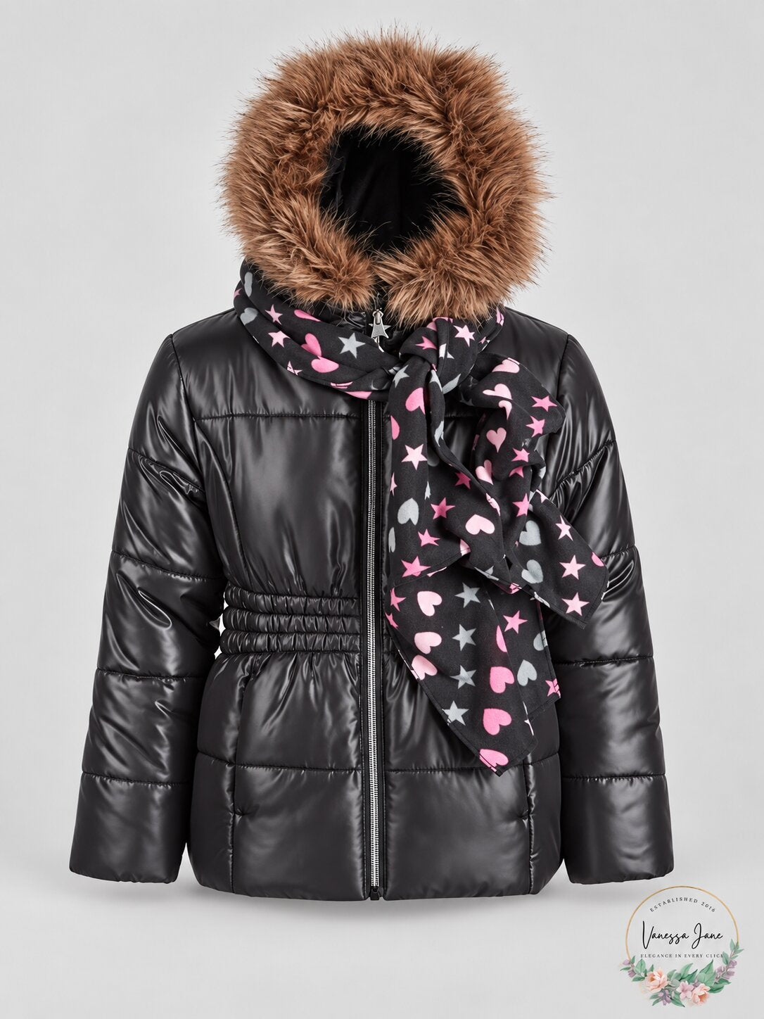 Rothschild Girls Black Puffer Jacket With Scarf and Faux Fur Trim, Size S