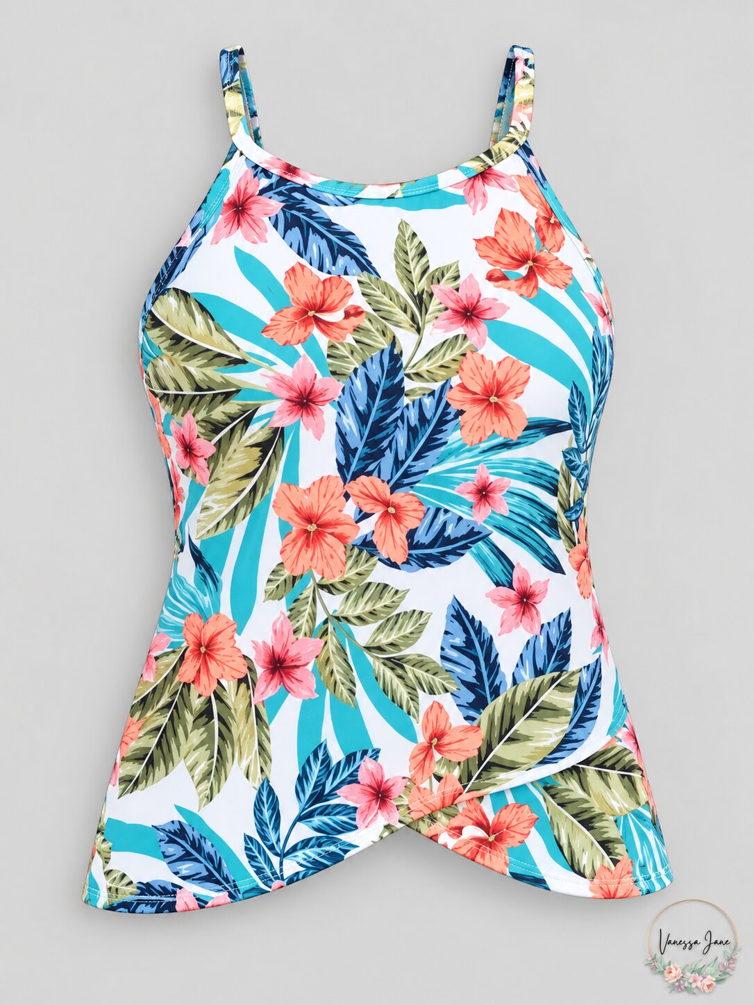 Swim Solutions Printed High-Neck Overlap-Hem Tankini Top