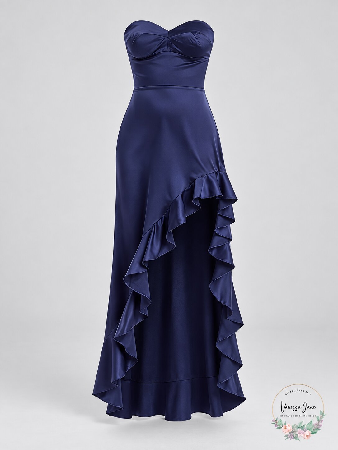 AQUA Women's Navy Blue Strapless Ruffle Maxi Dress with High Slit