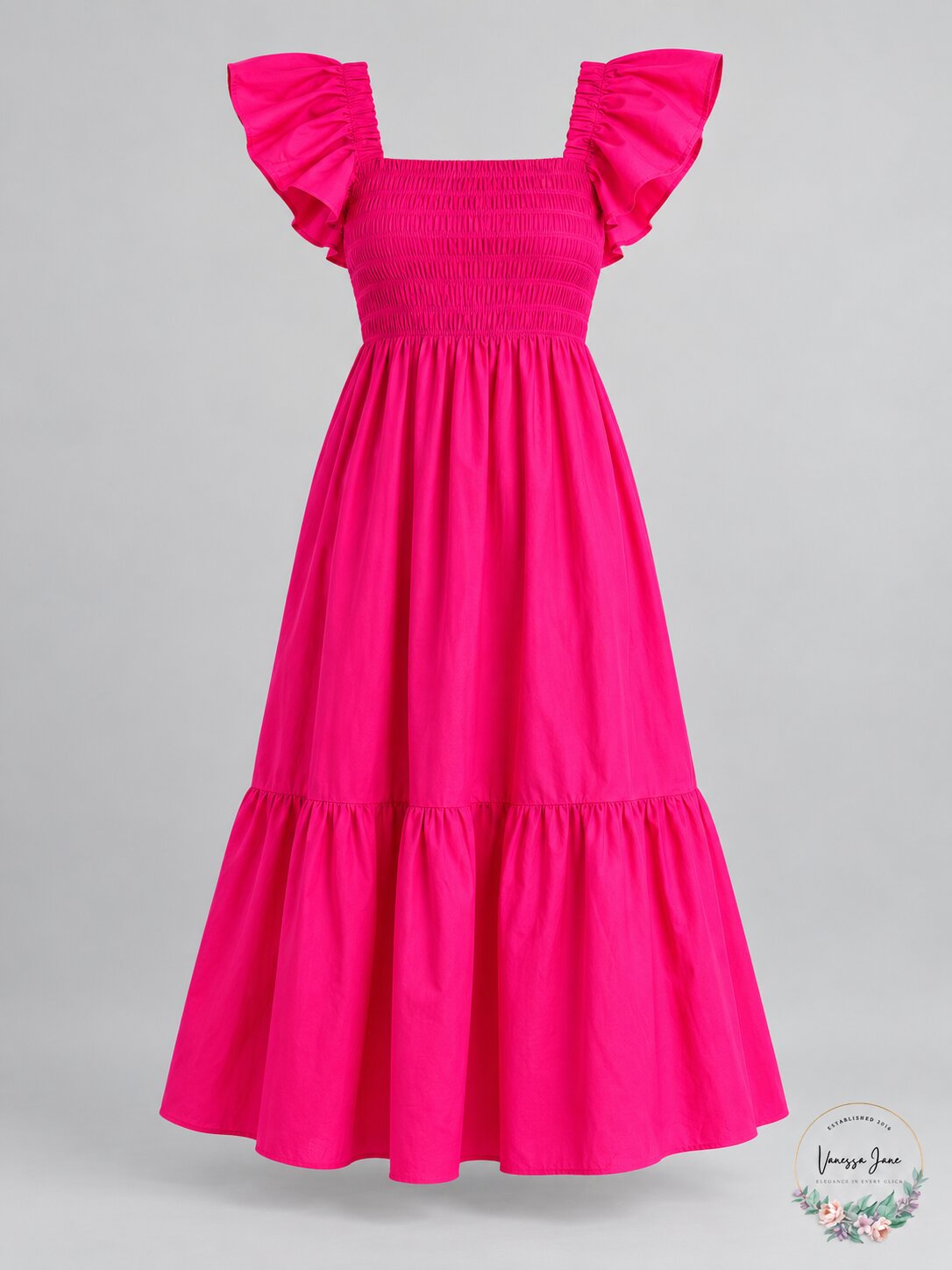 Aqua Smocked Flutter Sleeve Midi Dress Magenta