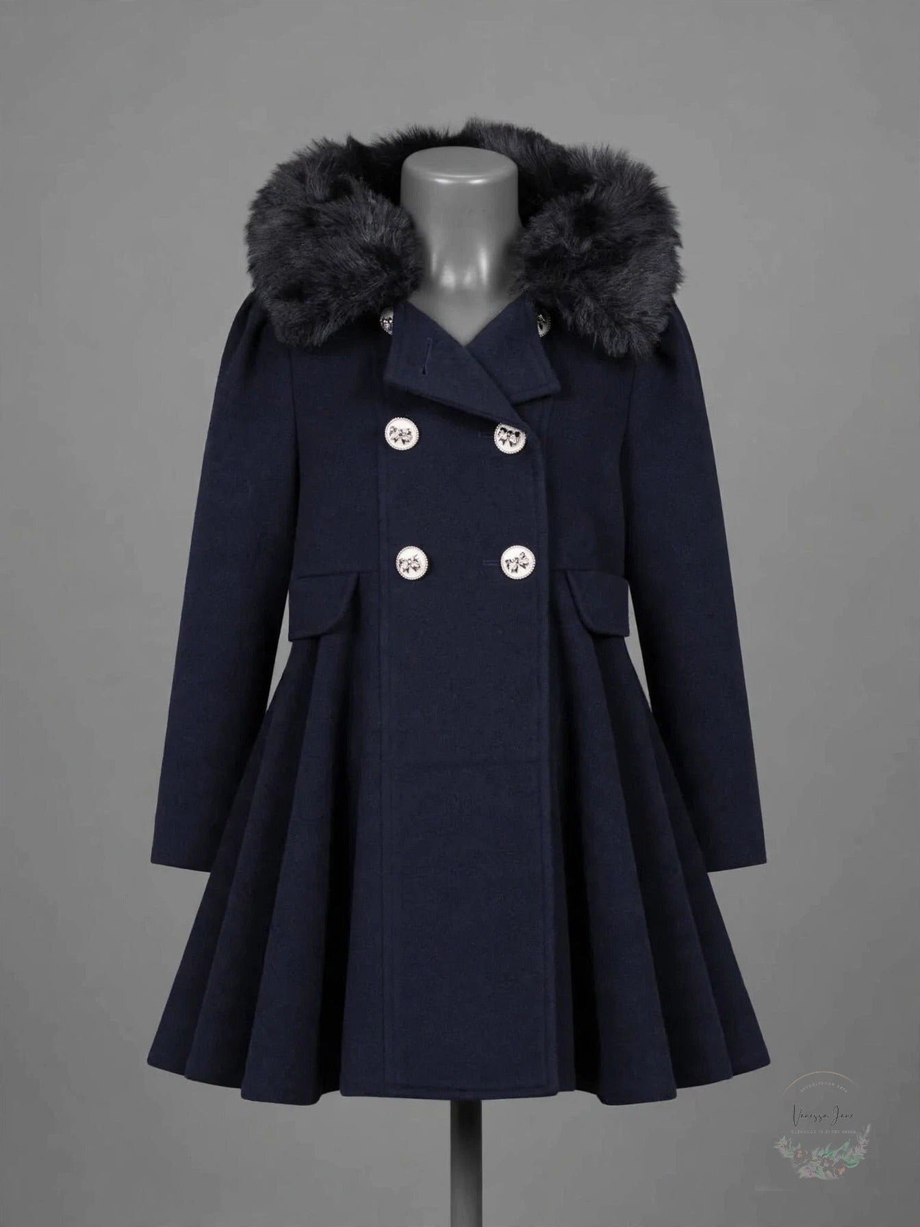 Rothschild Little Girls Hooded Pea Coat Navy Blue Pleated Faux Fur, 7-8