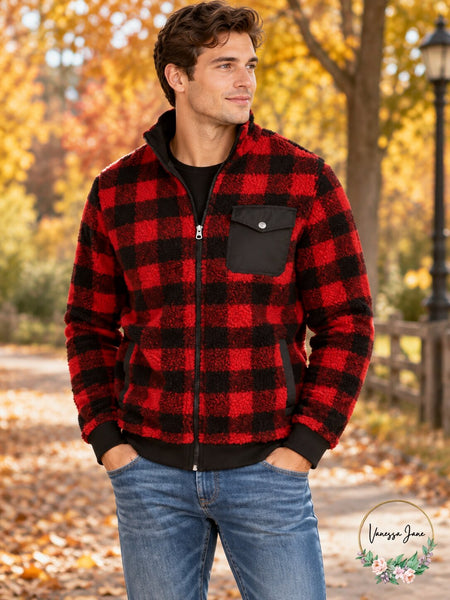 Club Room Mens Full-Zip Plaid Sherpa Jacket, Size Small