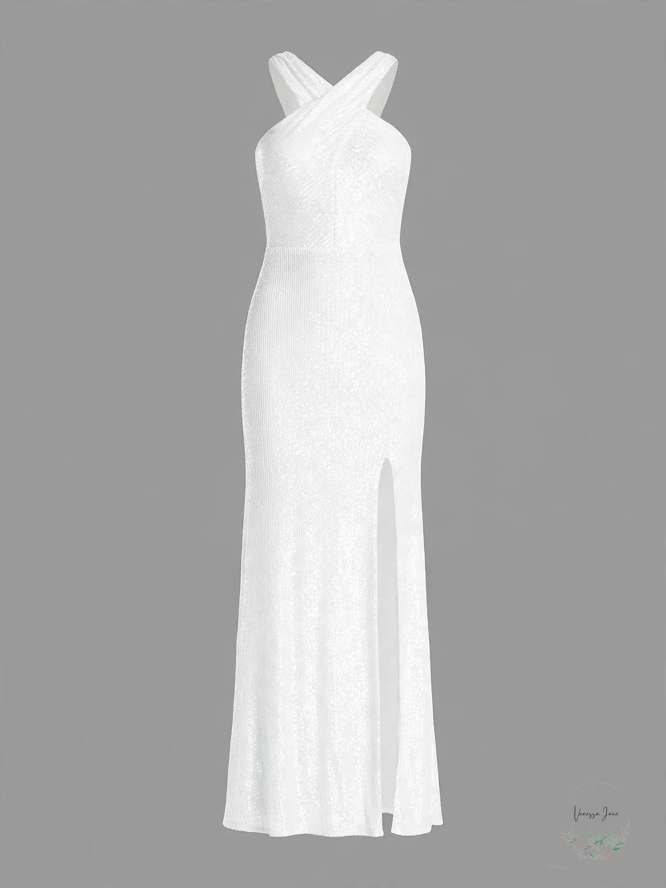 Aqua Womens White Sequined Crossover Halter Sleeveless Evening Gown