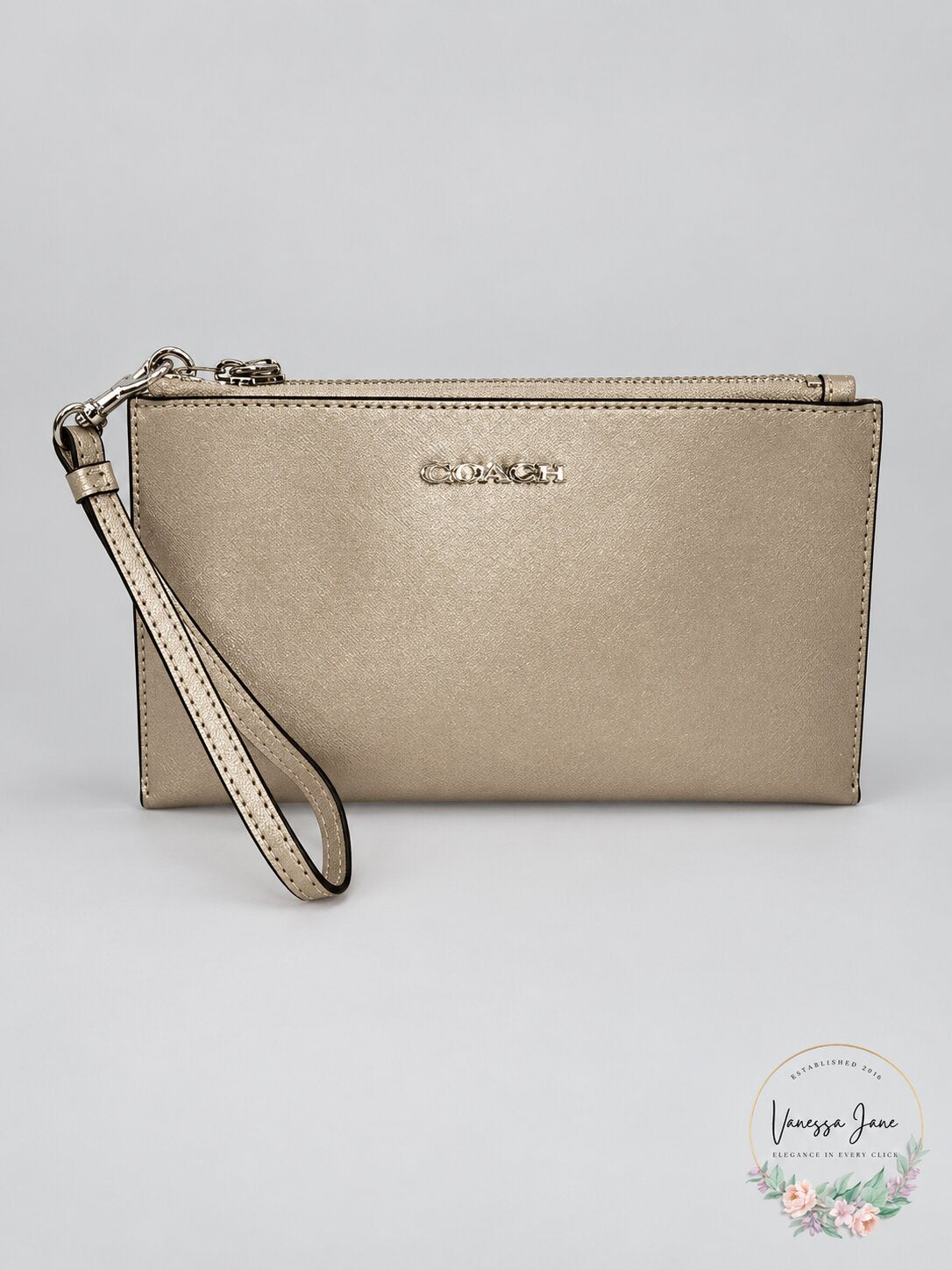Calvin Klein Saffiano Leather Wristlet, Metallic Taupe/Silver