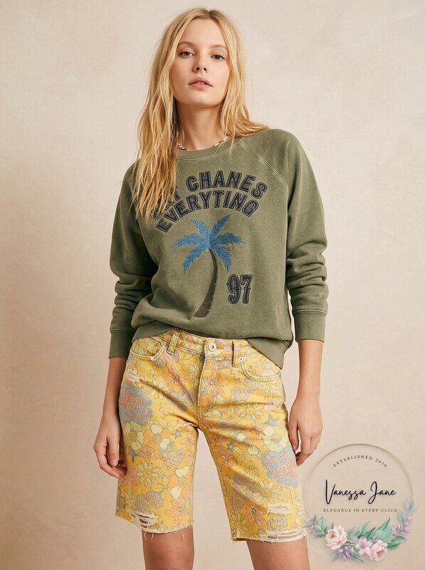 Free People Alani Printed Ripped Shorts - Yellow Combo, Size 24
