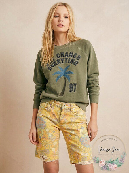 Free People Alani Printed Ripped Shorts - Yellow Combo, Size 24