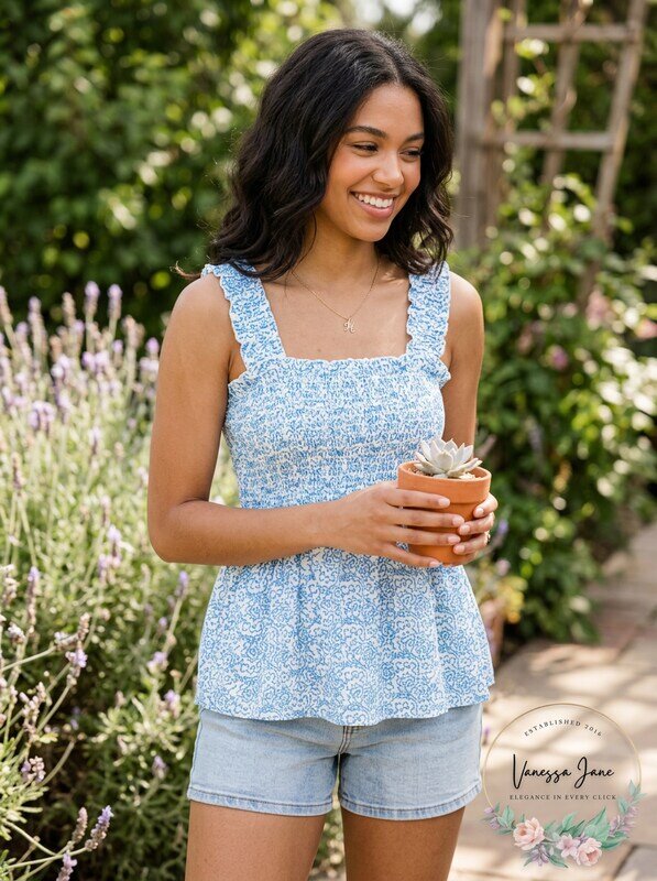Aqua Floral Print Smocked Babydoll Top, Size Medium