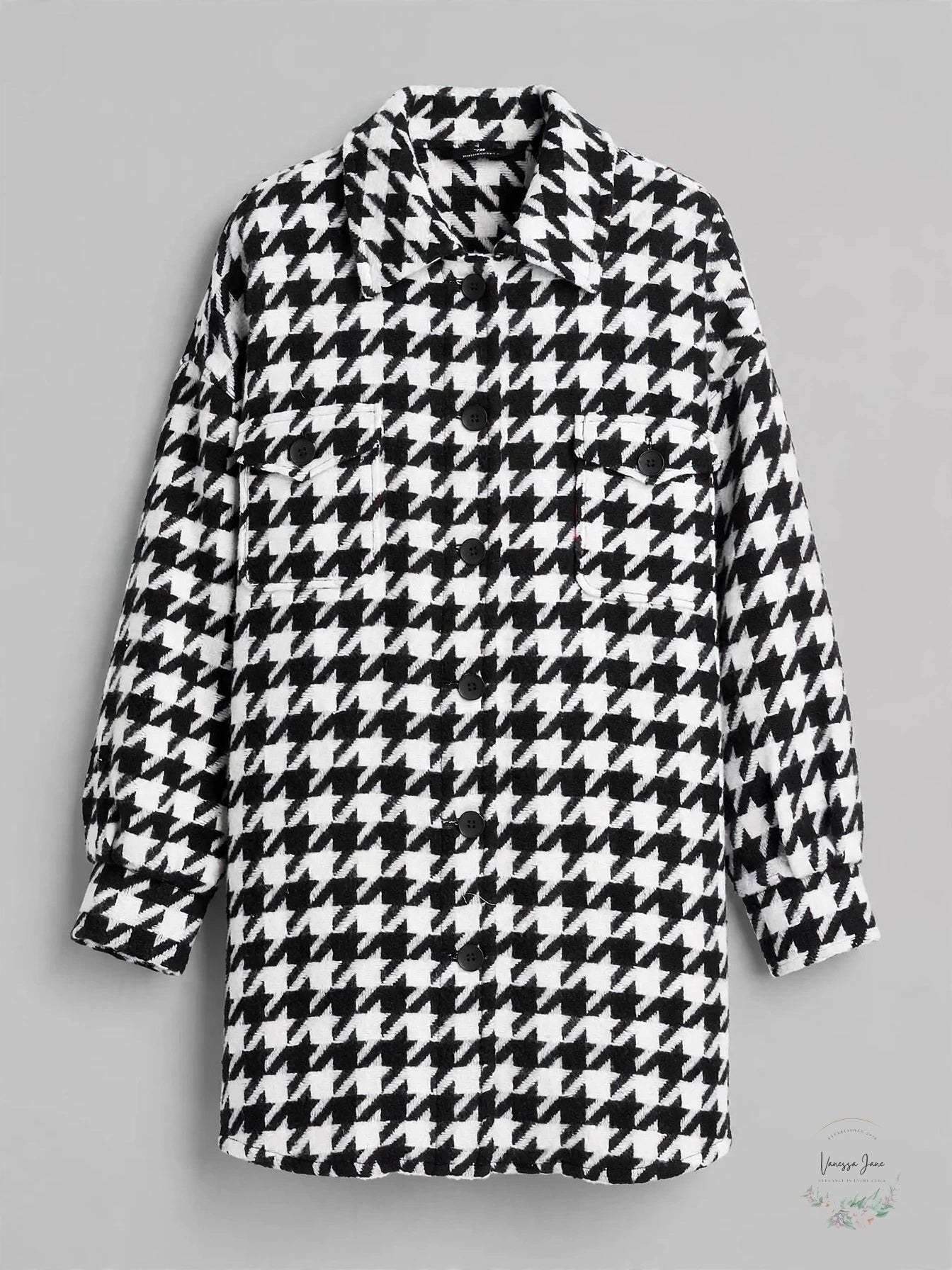 BAGATELLE.NYC Womens Black White Houndstooth Shirt Jacket