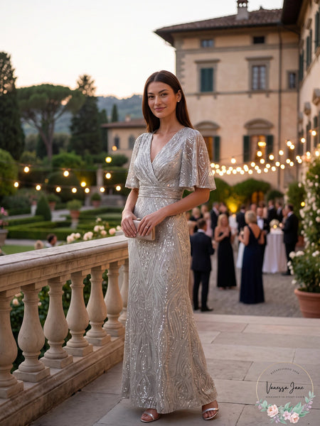 Lauren Ralph Lauren Sequined Elbow-Sleeve Gown – Pearlescent, Size 4