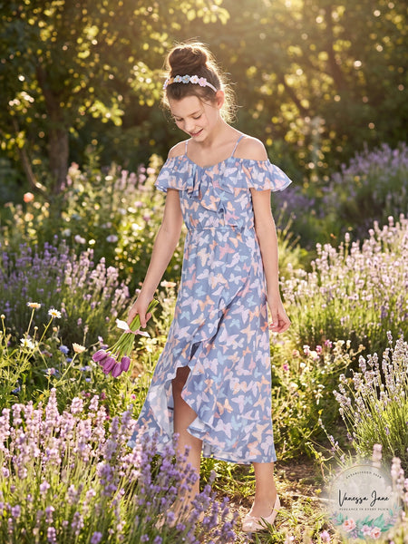 Epic Threads Big Girls Ruffle-Trim Butterfly-Print Maxi Dress, Size M