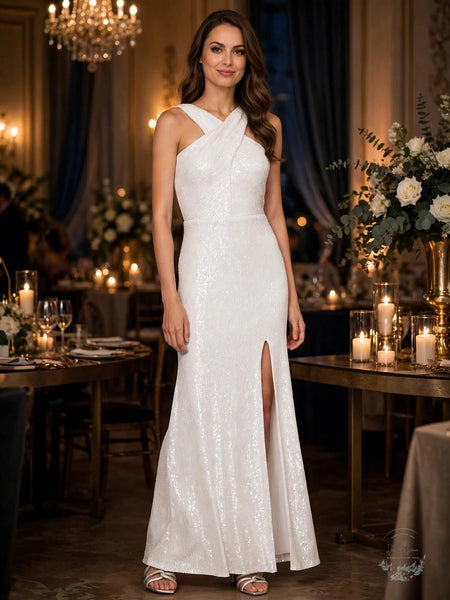 Aqua Womens White Sequined Crossover Halter Sleeveless Evening Gown