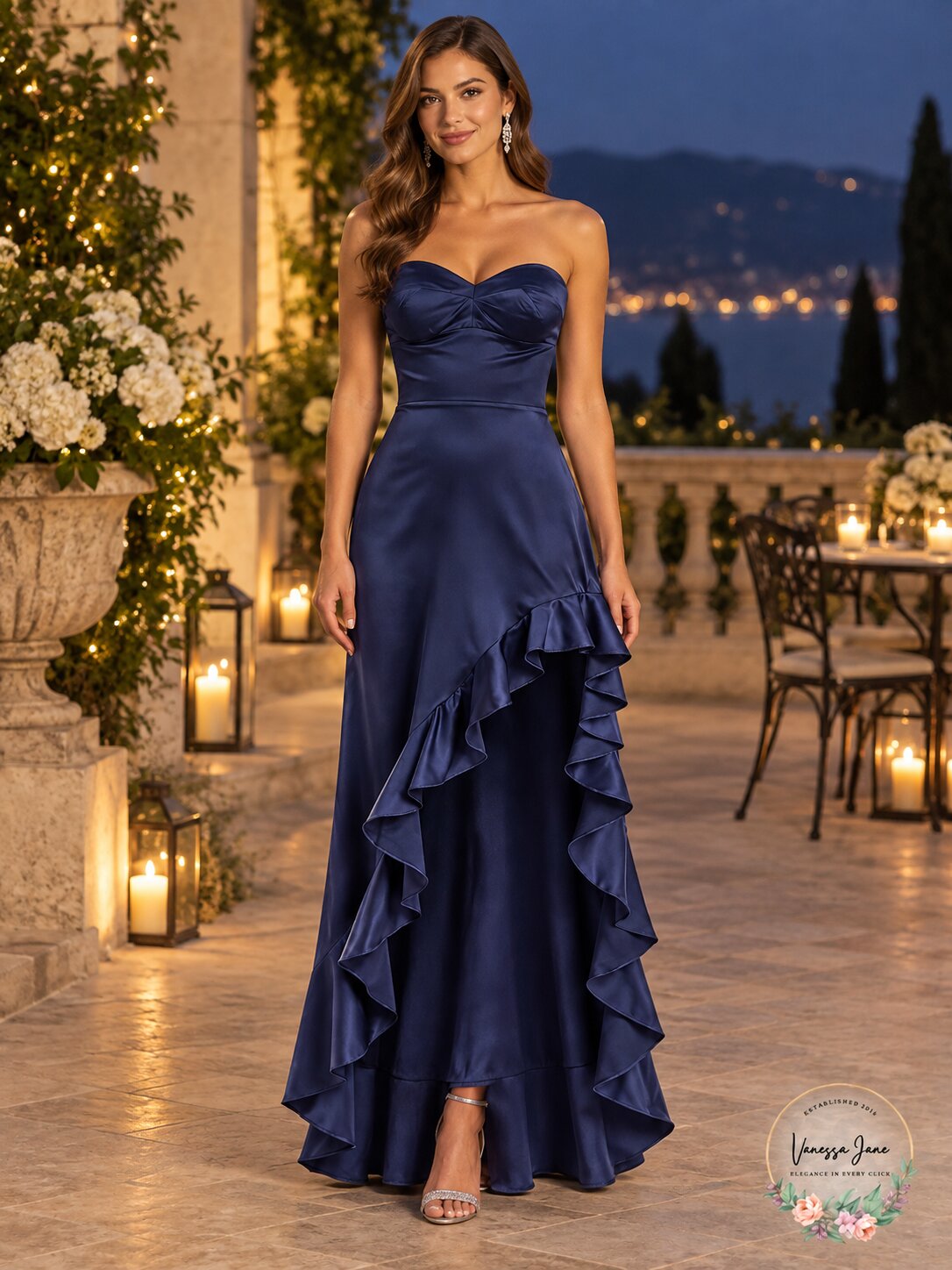 AQUA Women's Navy Blue Strapless Ruffle Maxi Dress with High Slit