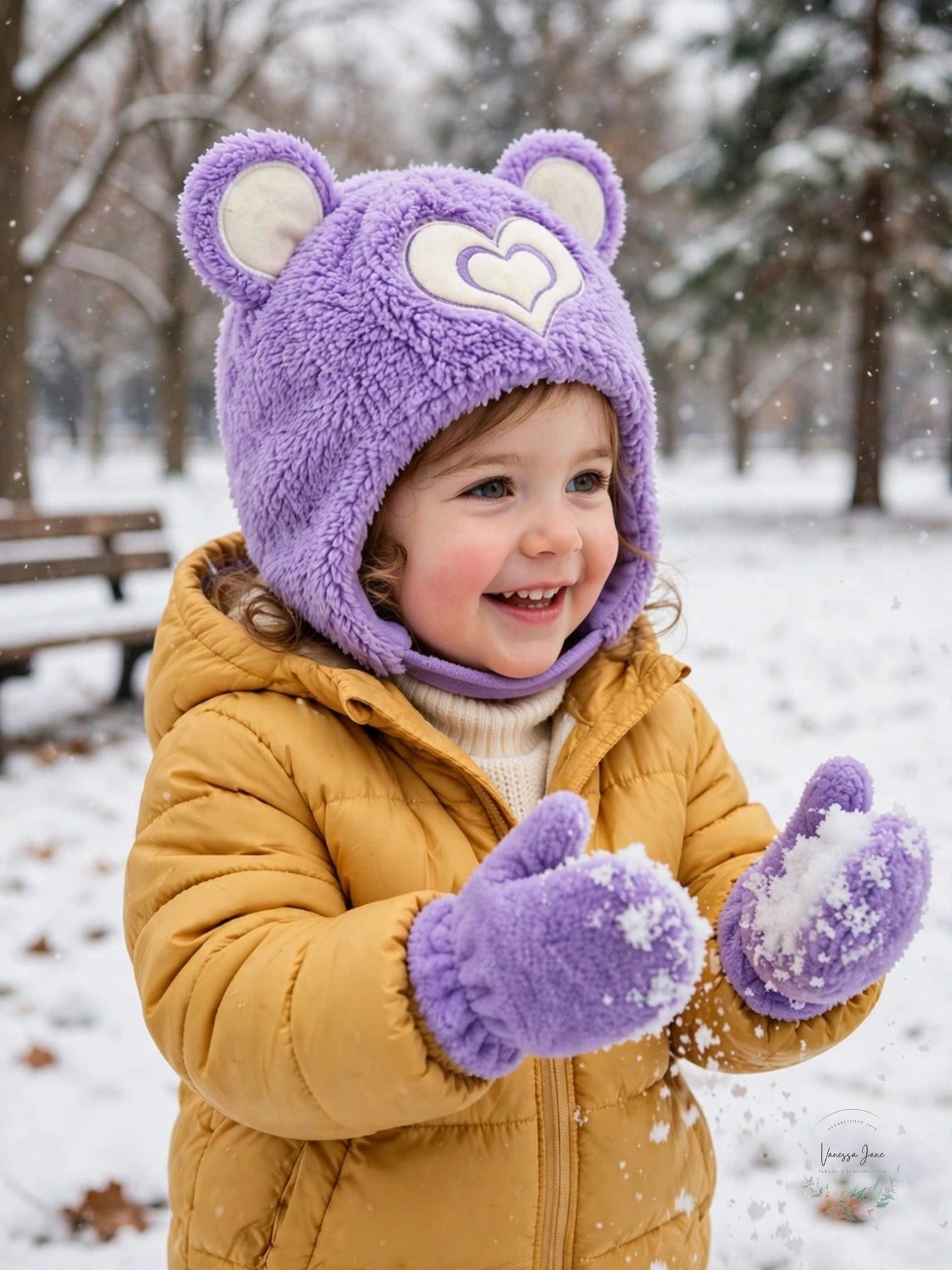 Wippette Toddler Girls Sherpa Heart Critter Hat Mitten Set, Purple