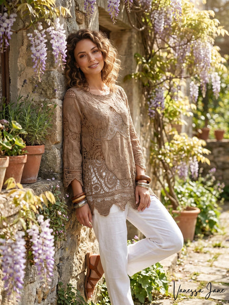 Oddy Boutique Taupe Crochet Long Sleeve Top, Size S/M