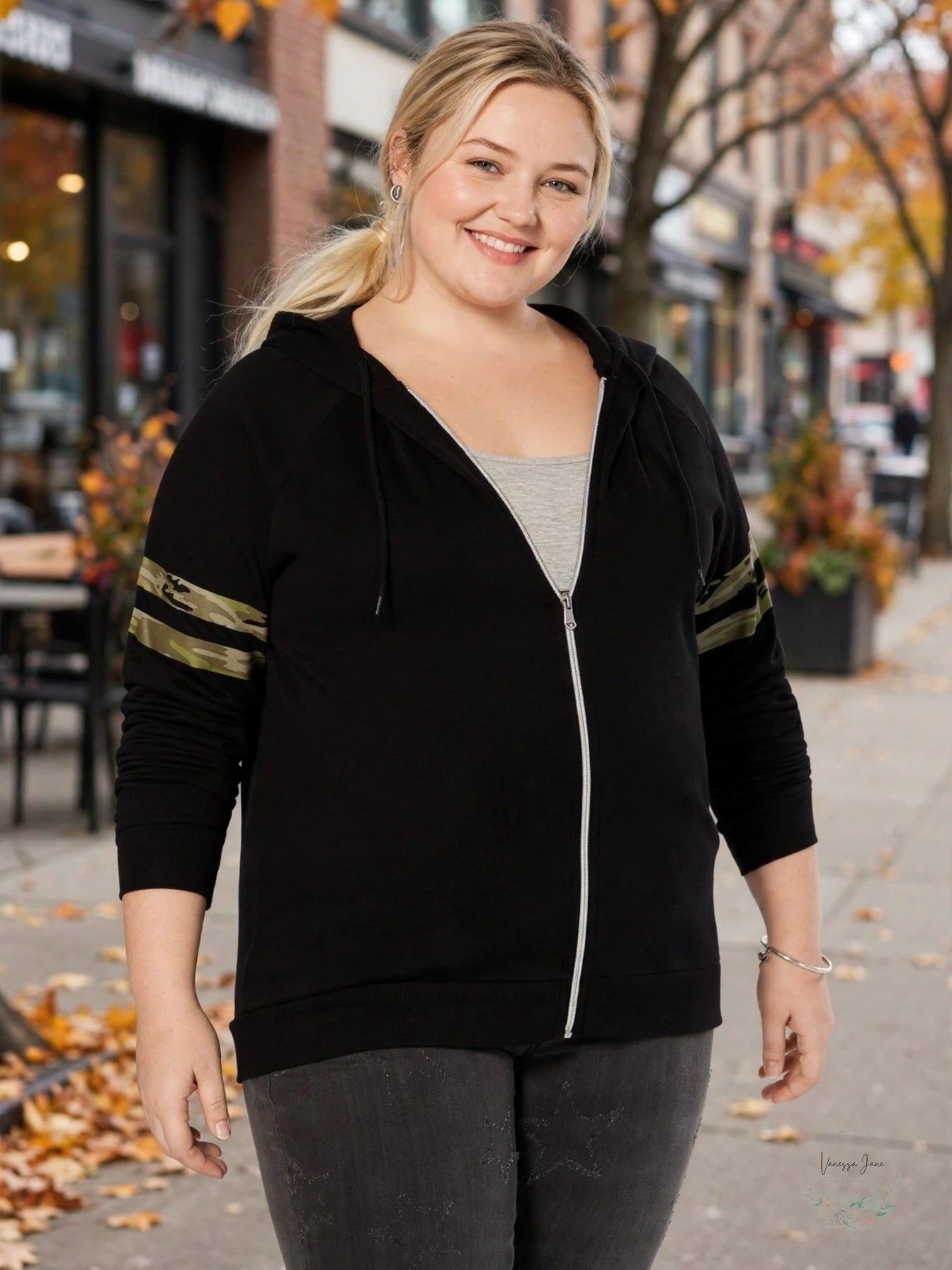 LOVE TRIBE Plus Size Camo-Stripe Zip-Up Jacket, Size 1X