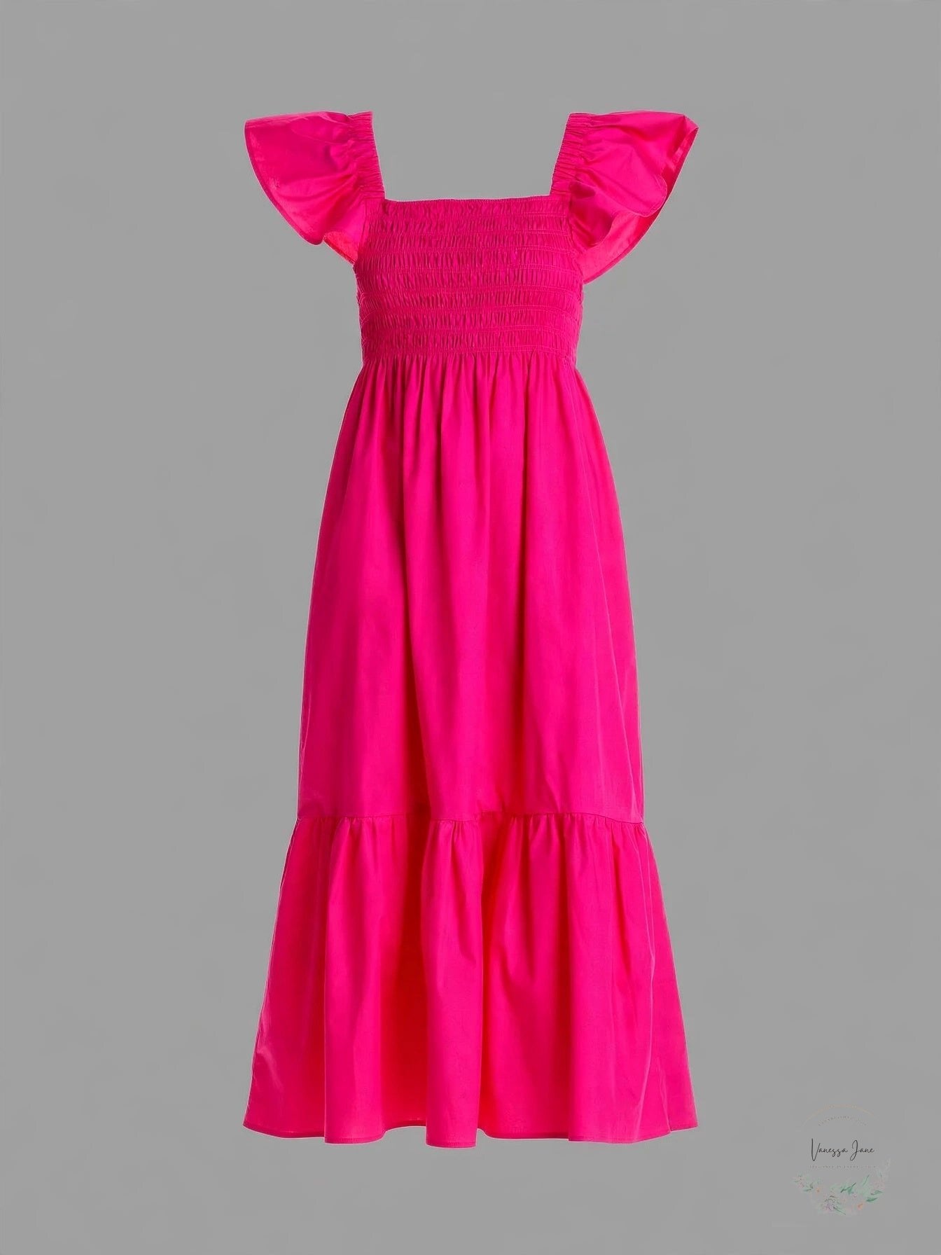 Aqua Smocked Flutter Sleeve Midi Dress Magenta