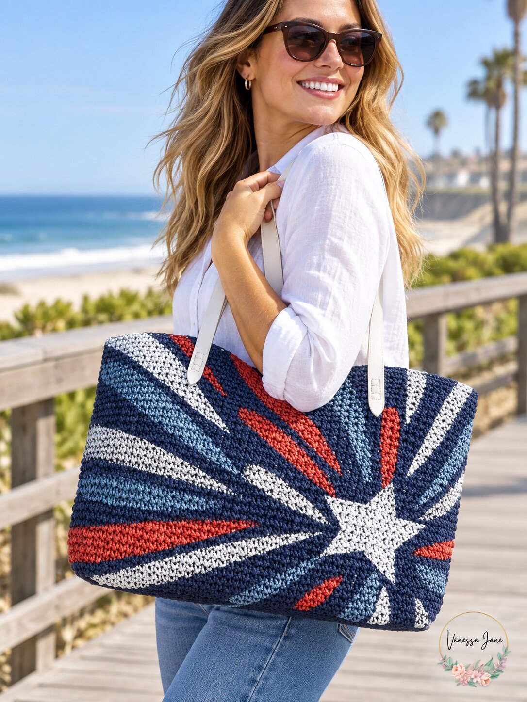 International Concepts Patriotic Tropical Star Straw Tote Blue