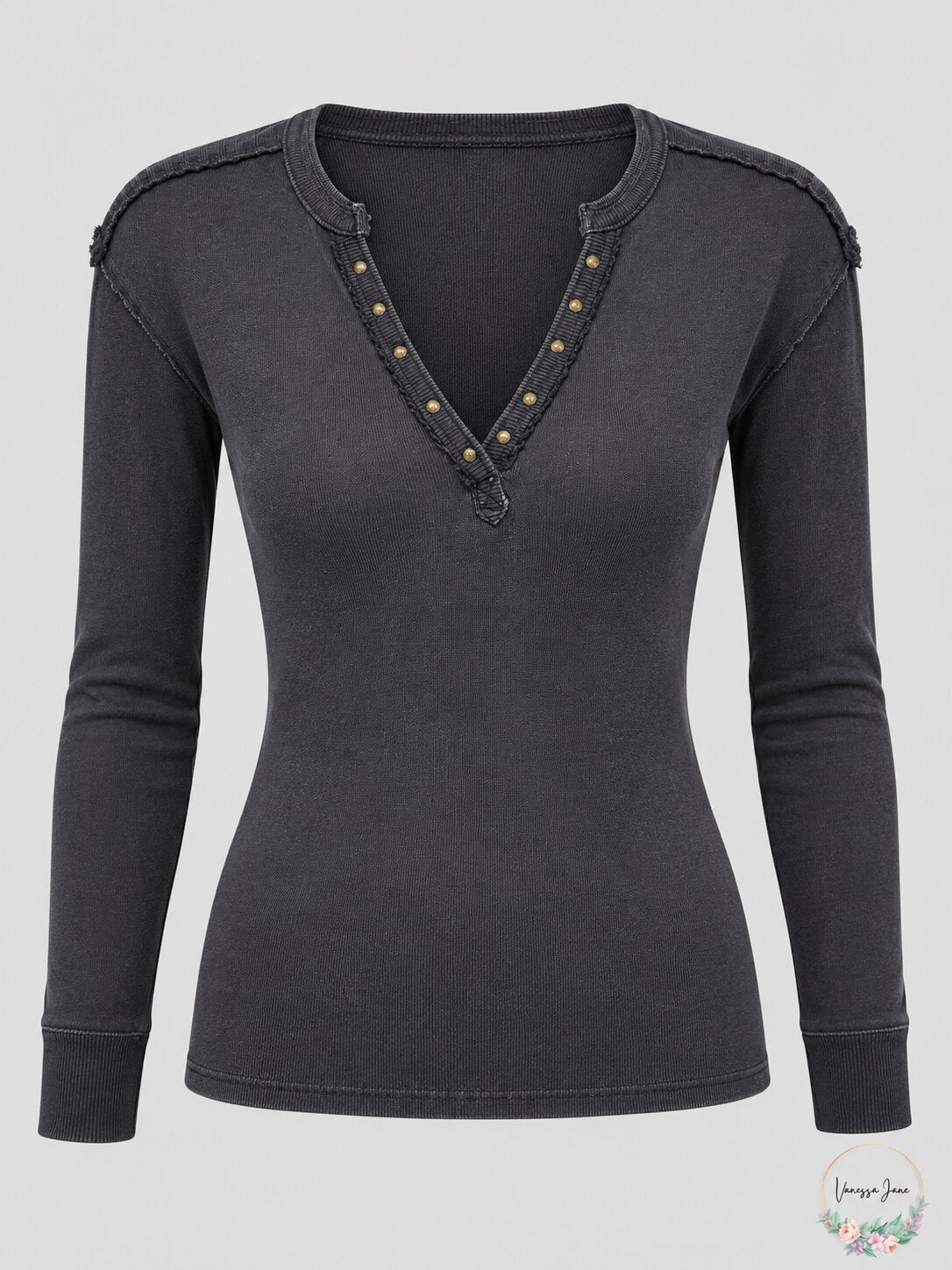 Free People Womens Embellished Long Sleeve V Neck Top