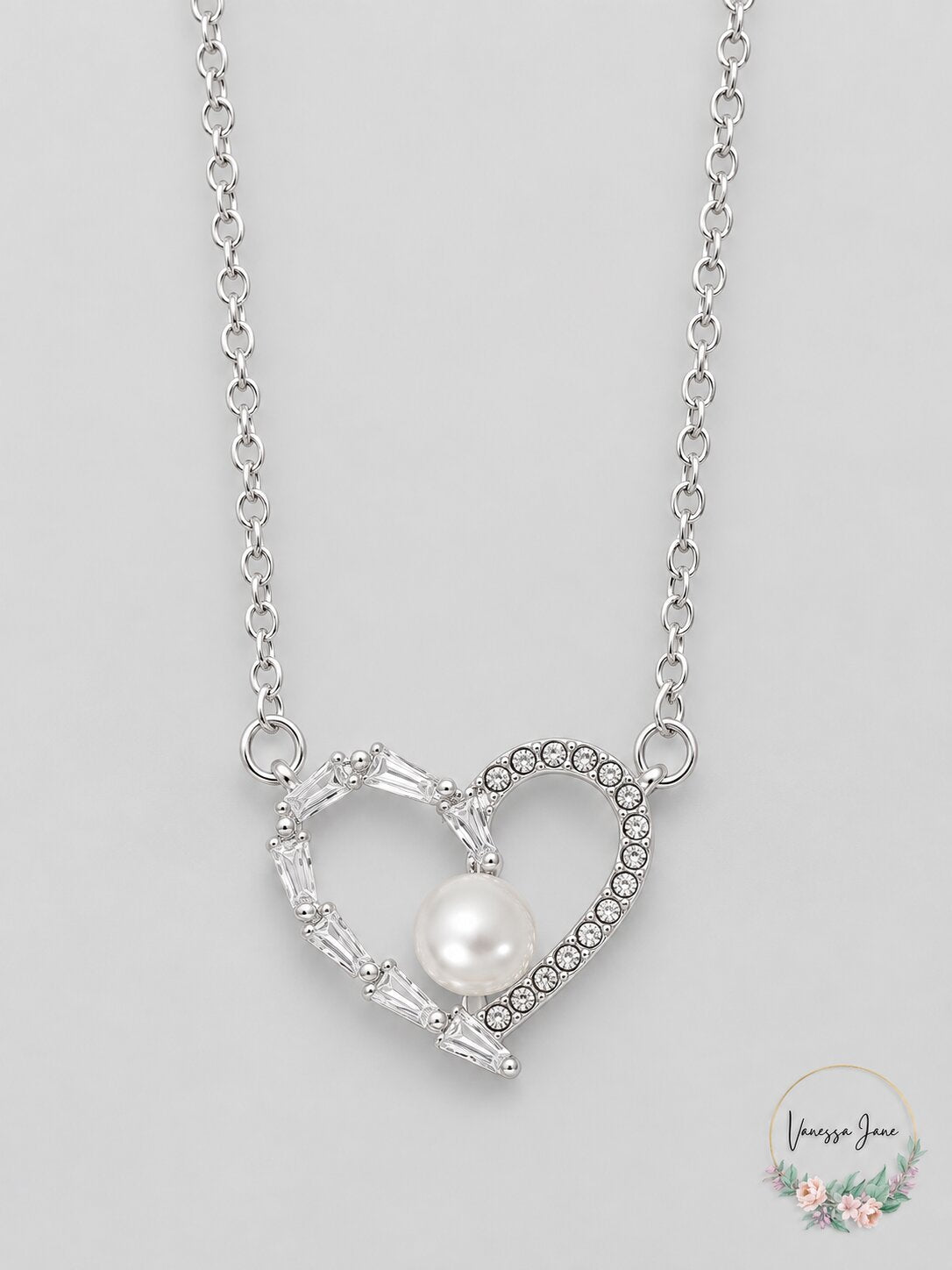 Rh Macy Cubic Zirconia and Imitation Pearl Heart Pendant Necklace