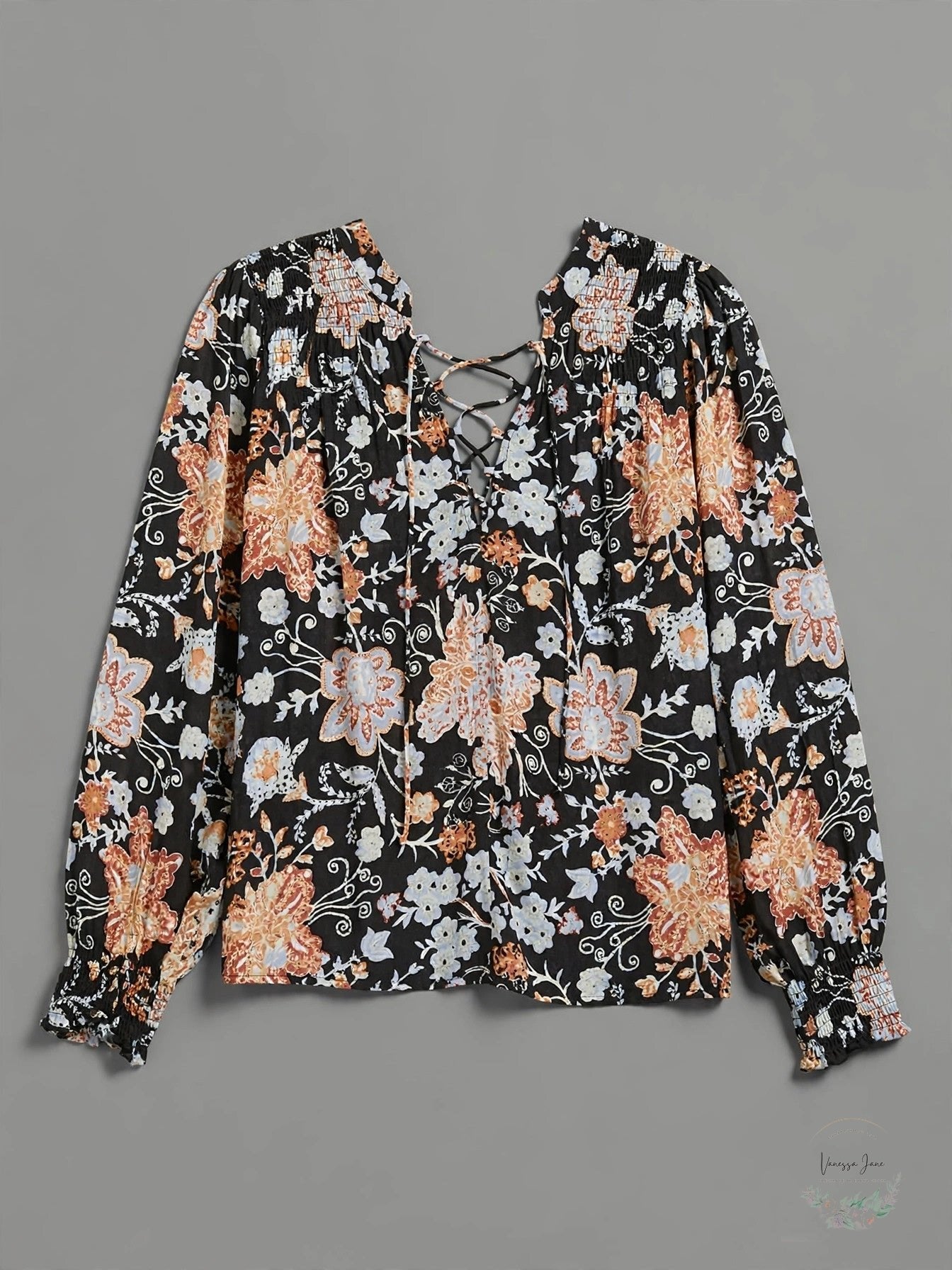 Elan Botanical Print Lace up Top