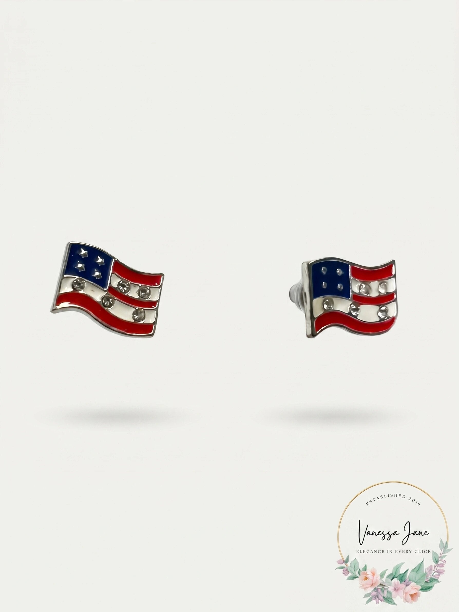 Vintage Enamel American Flag Earrings Jewelry Pierced Silver Tone 4th of July
