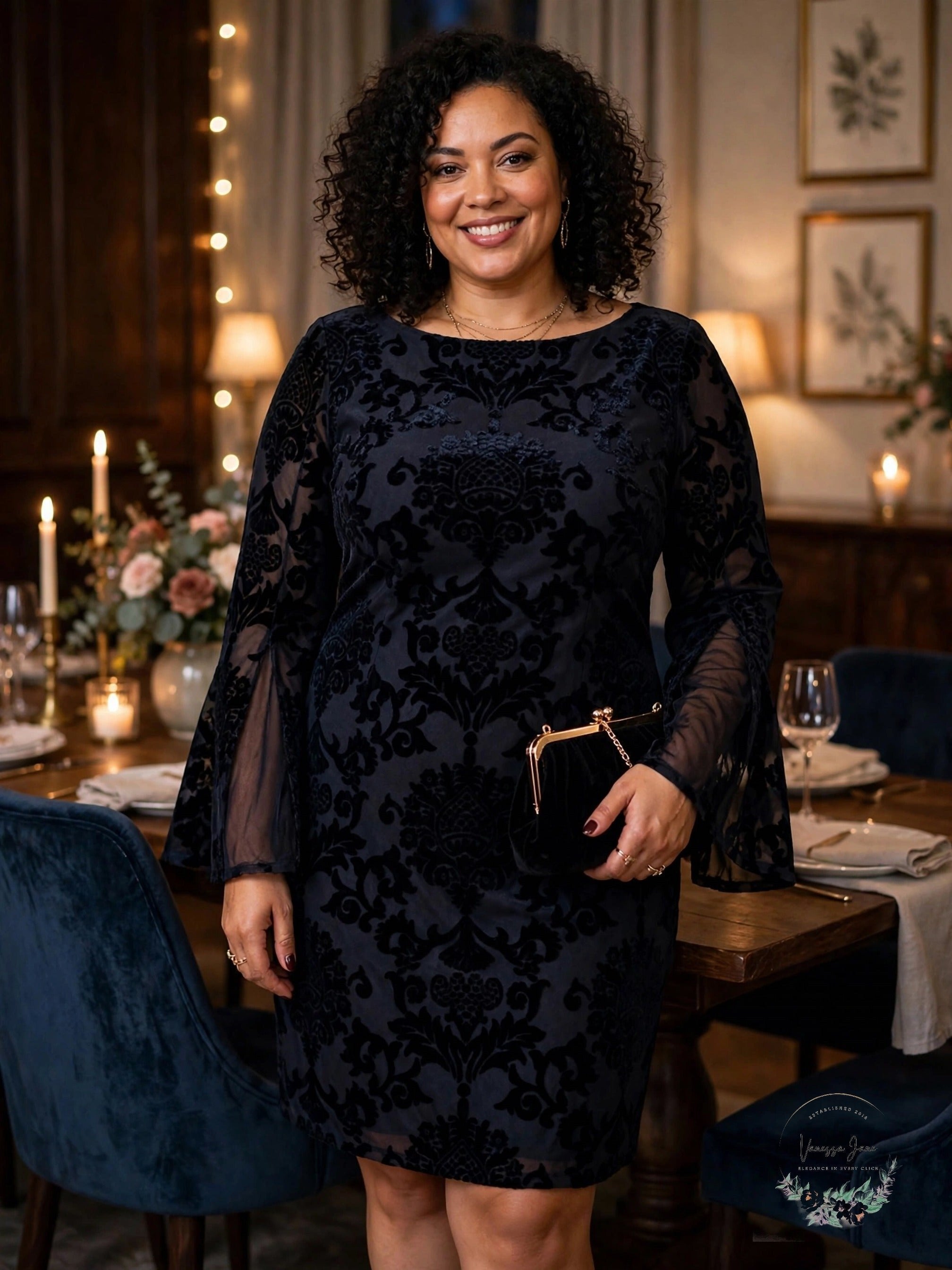 Jessica Howard Plus Size Bell-Sleeve Velvet Intarsia Dress