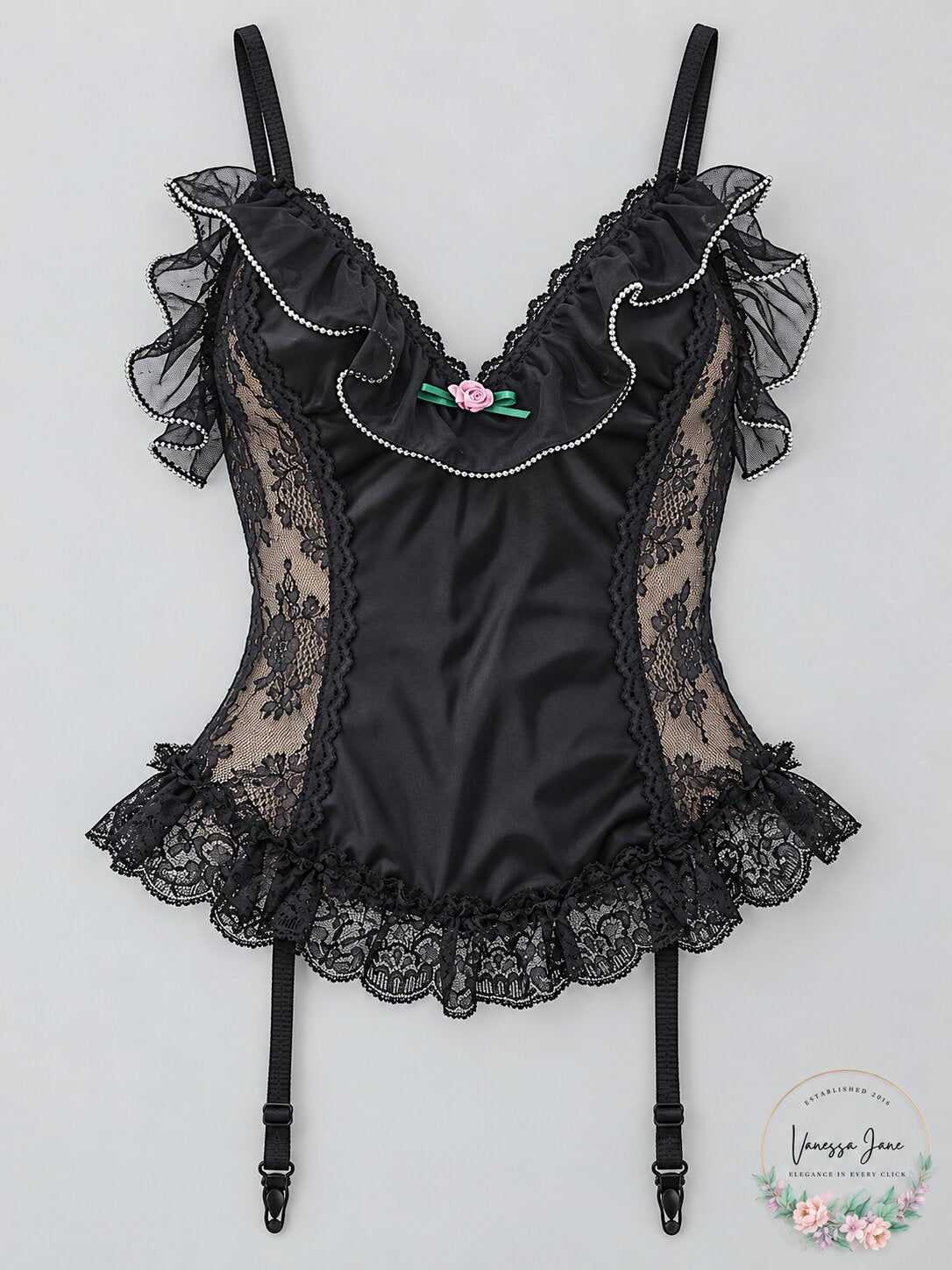 Nani Flower Lace Chemise With Garter Straps, Size Medium