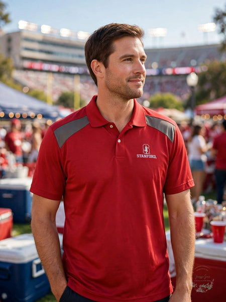 Old Varsity Brand Mens Pieced Poly Polo, Stanford University, Red, Size Large