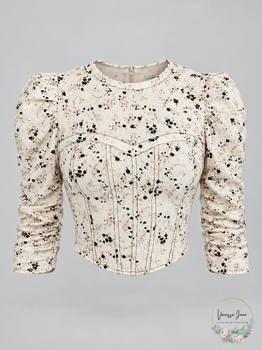 Free People Corset Style Puff Sleeve Floral Open Back Top, Beige, Size Large