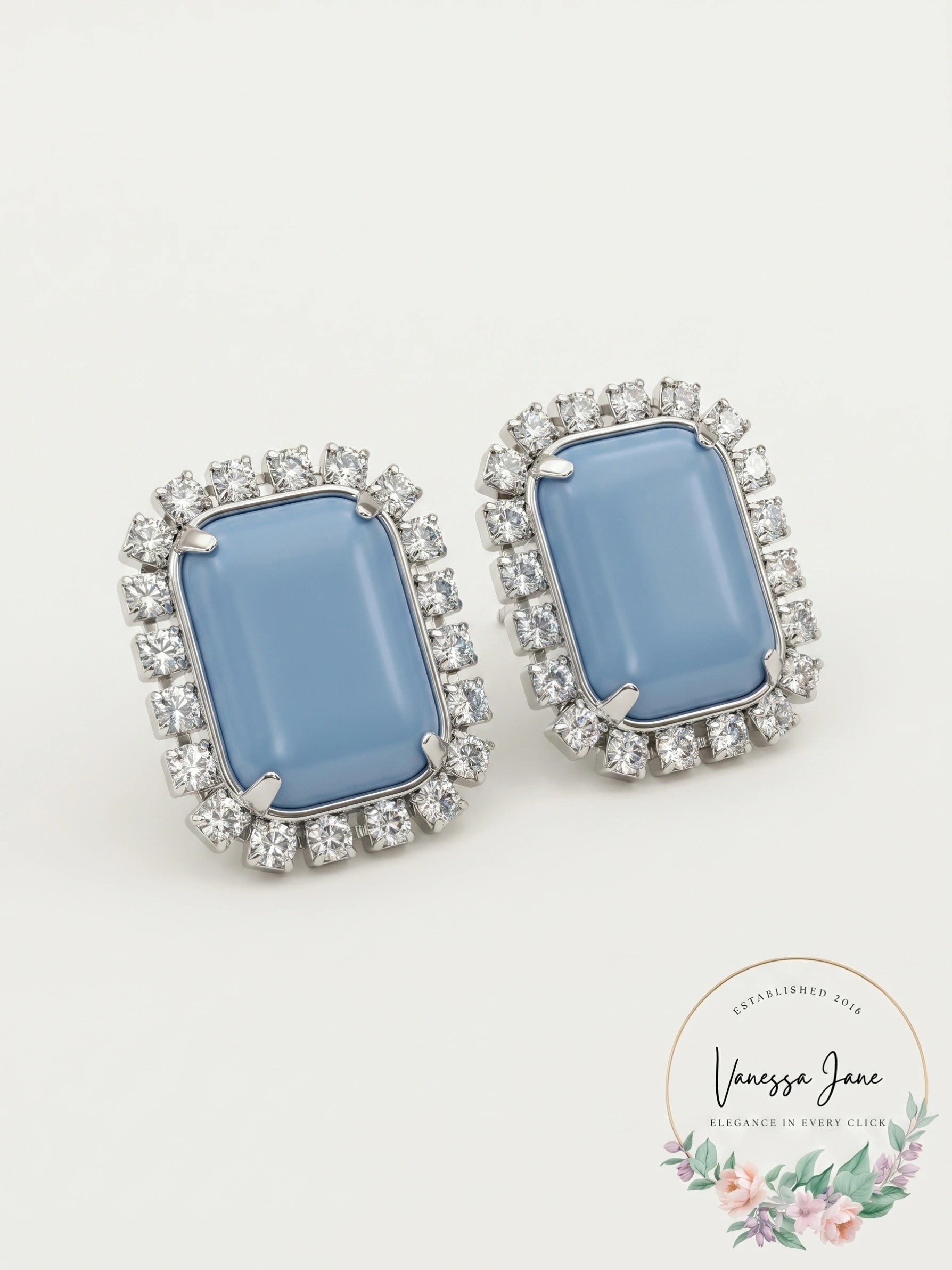 Vintage Earrings Blue Satin Glass Light Blue Rhinestones, Polished Silver Plated