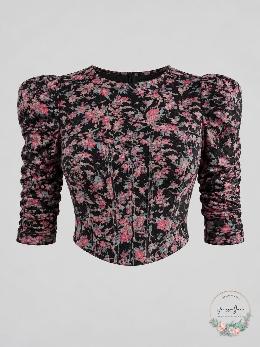 Free People Corset Style Puff Sleeve Floral Open Back Top, Black, Size Large