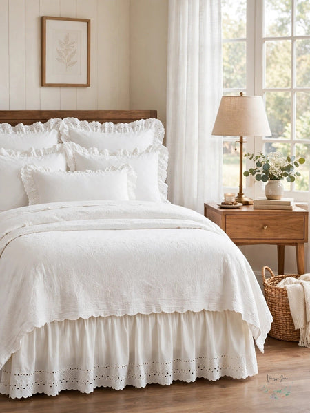 Smootheweave Ruffled Eyelet Twin Bed Skirt, 14" Drop, Ivory