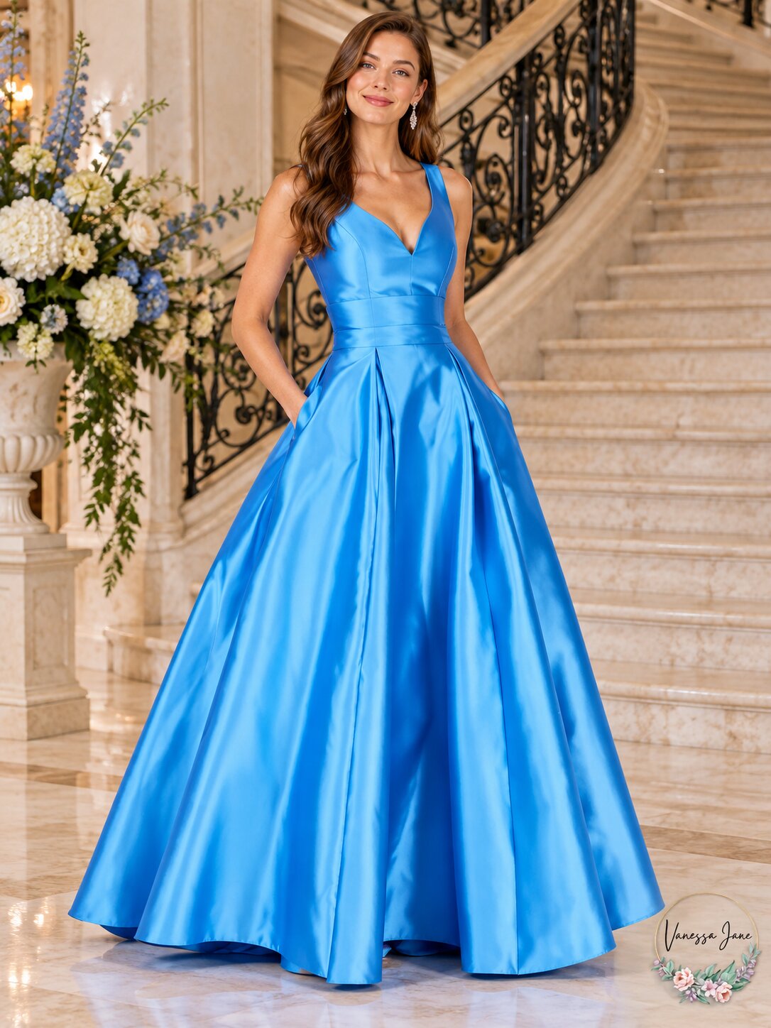B Darlin Juniors Cage-Back Satin Ballgown, Sky Blue, Size 1 (With Defect)