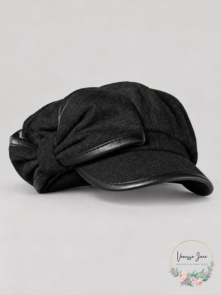 I.N.C. Flannel & Faux-Leather Newsboy Cap, Black NWT