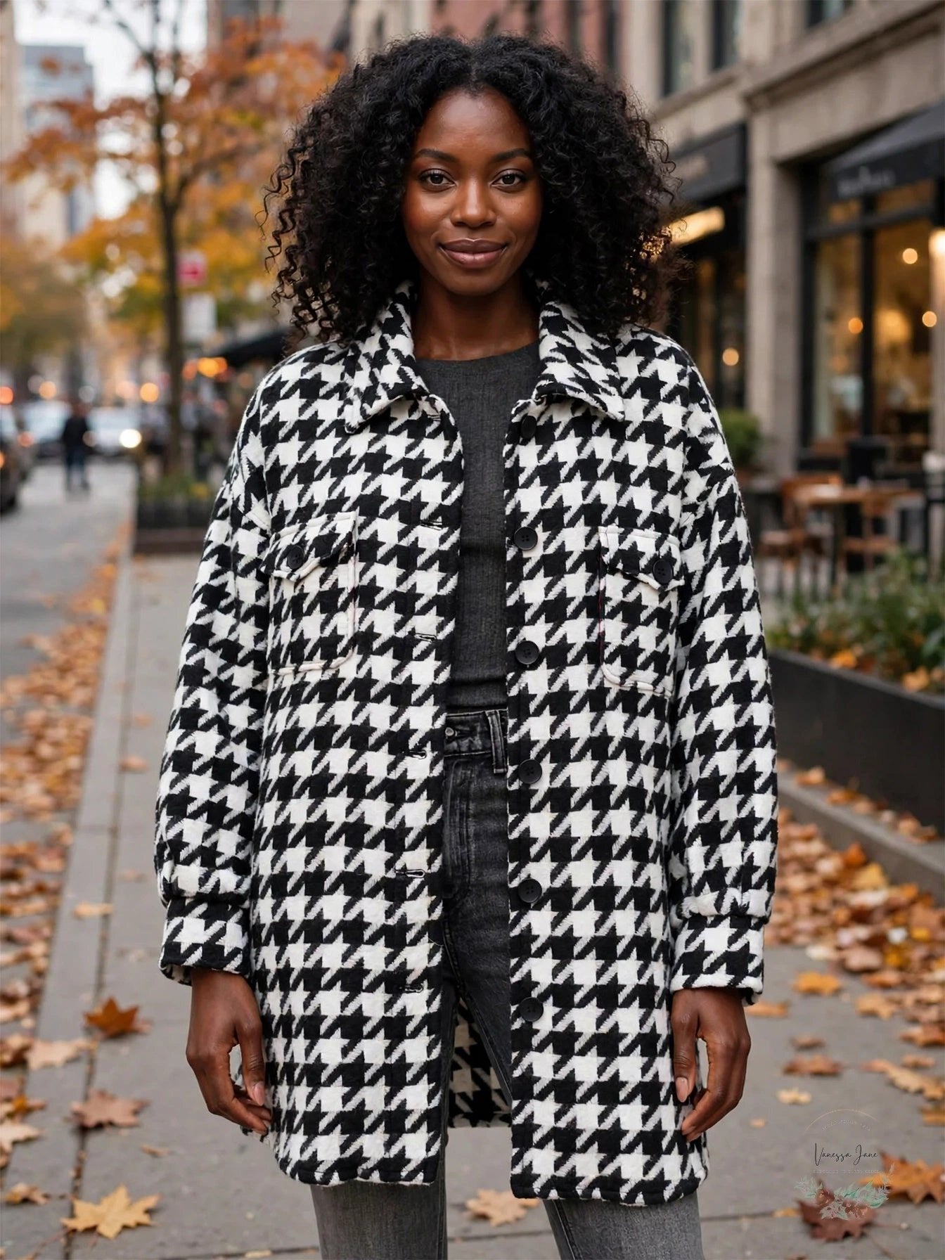 BAGATELLE.NYC Womens Black White Houndstooth Shirt Jacket