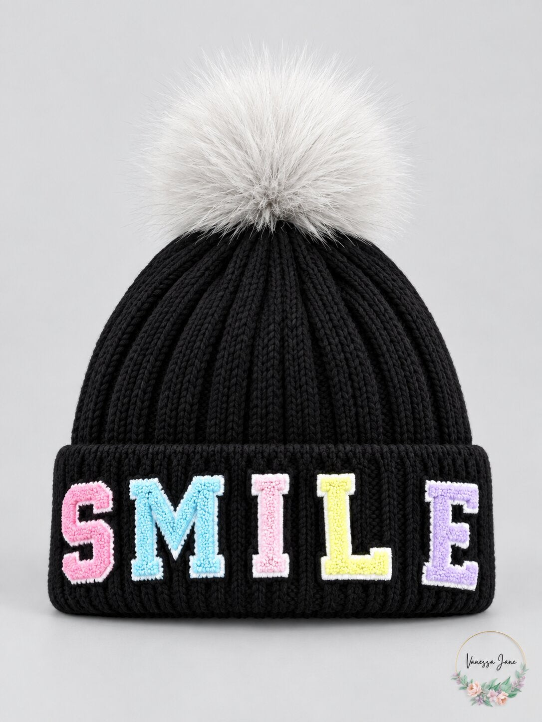 Aqua Pom-Pom Smile Knit Hat, Black, Os