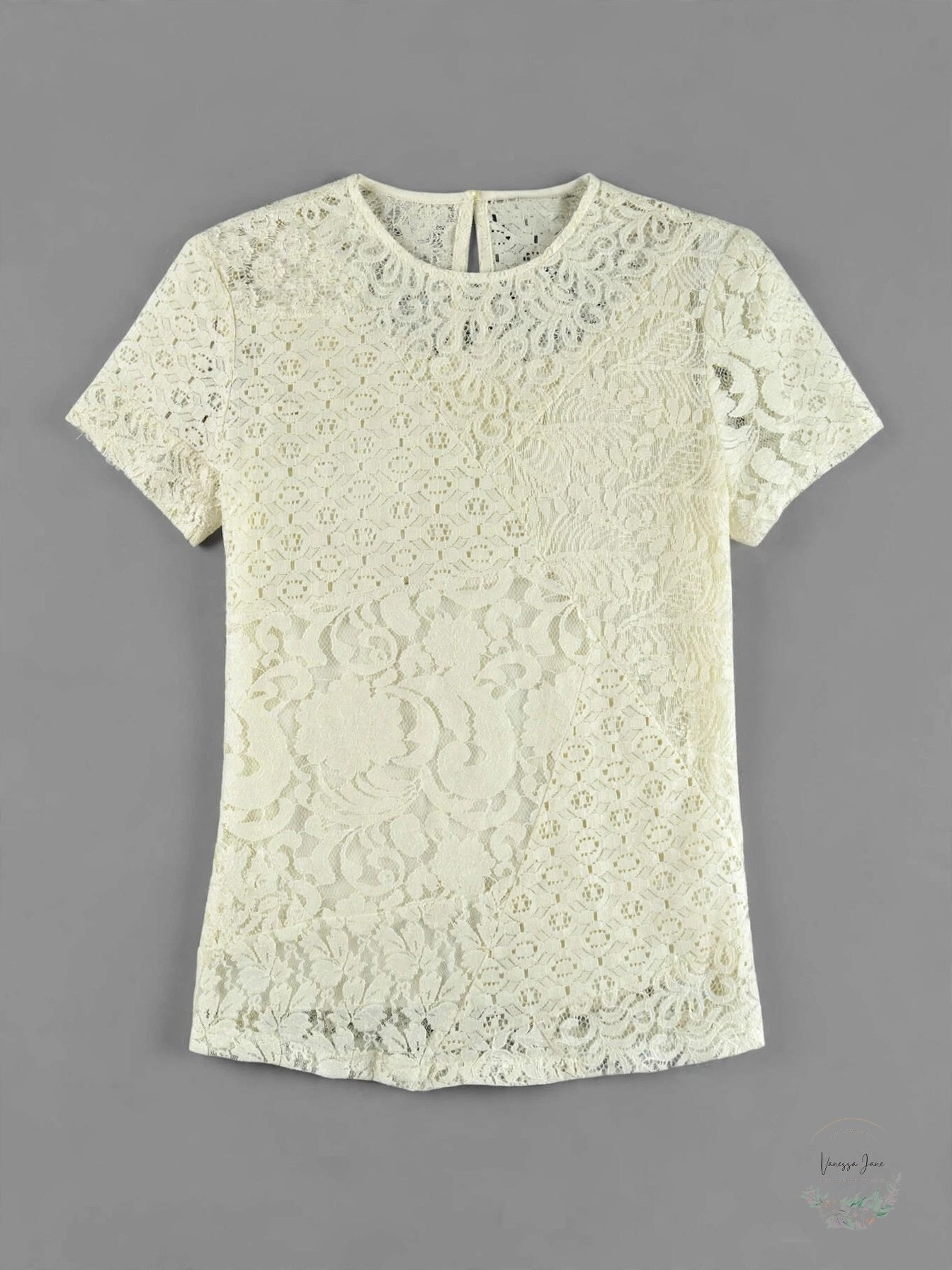 Lauren Ralph Lauren Patchwork Lace Short-Sleeve Blouse, Size 10 Winter Cream