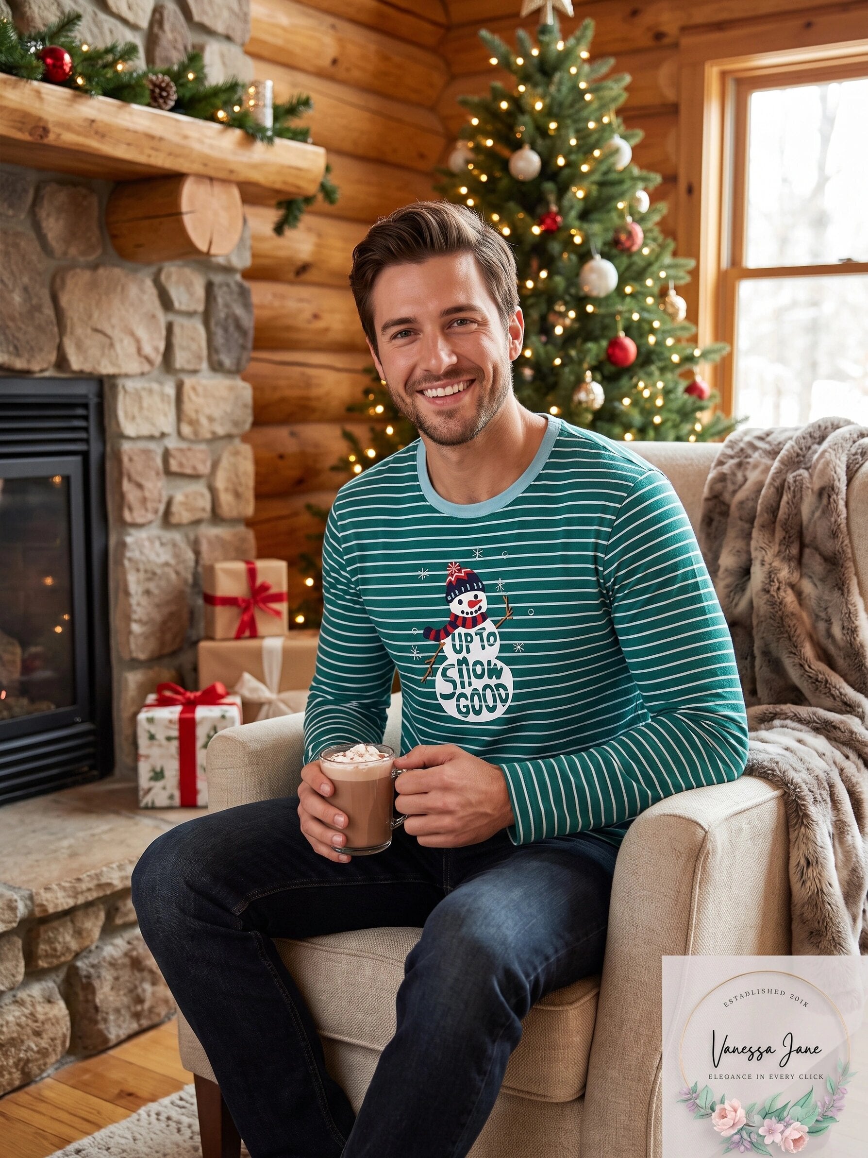 Little Blue House by Hatley Mens Long Sleeve Pajama Tee Vintage Holiday, Medium