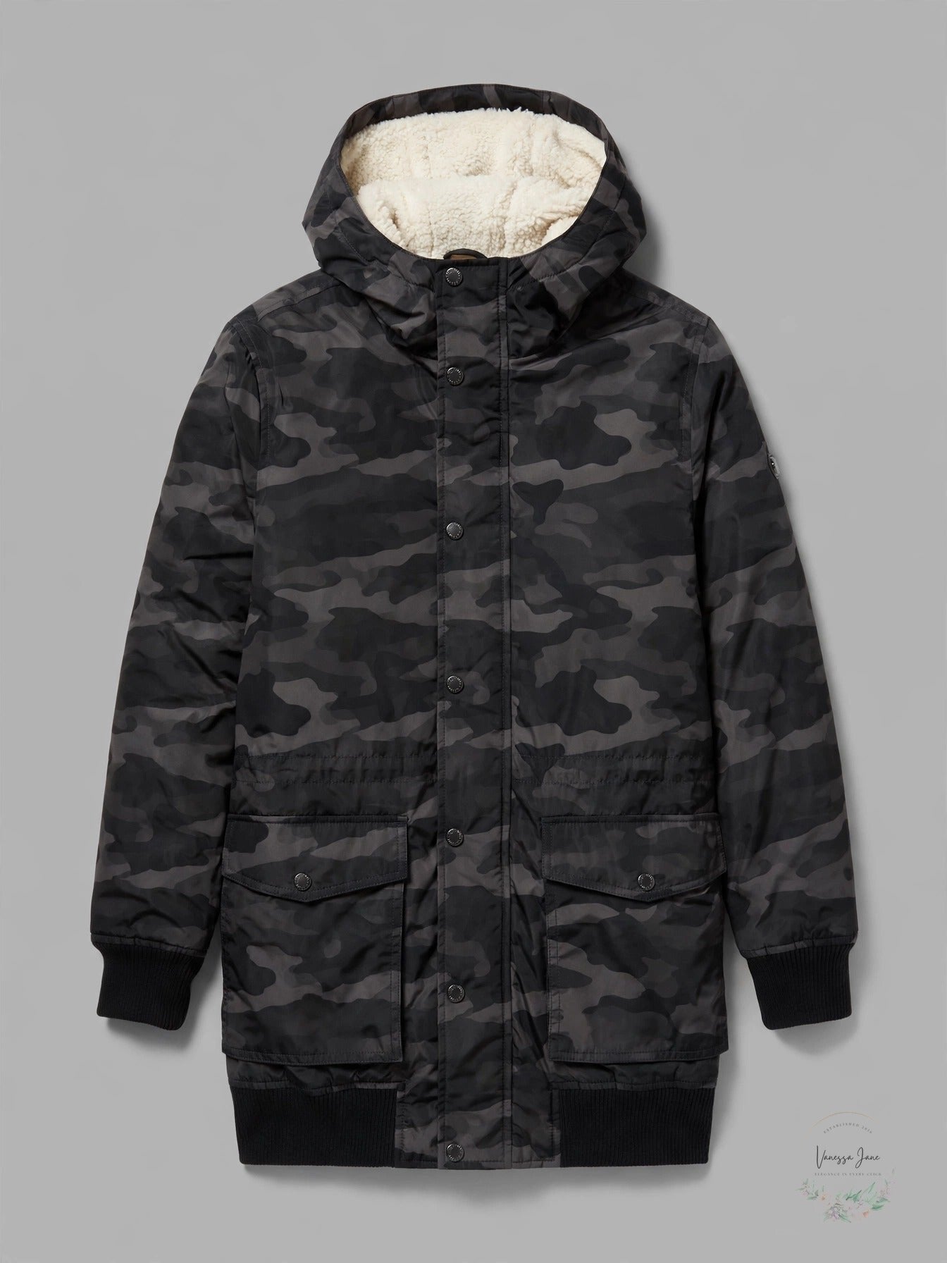 Michael Kors Mens Otto Stadium Parka Sherpa Lined Black Camo, Size M
