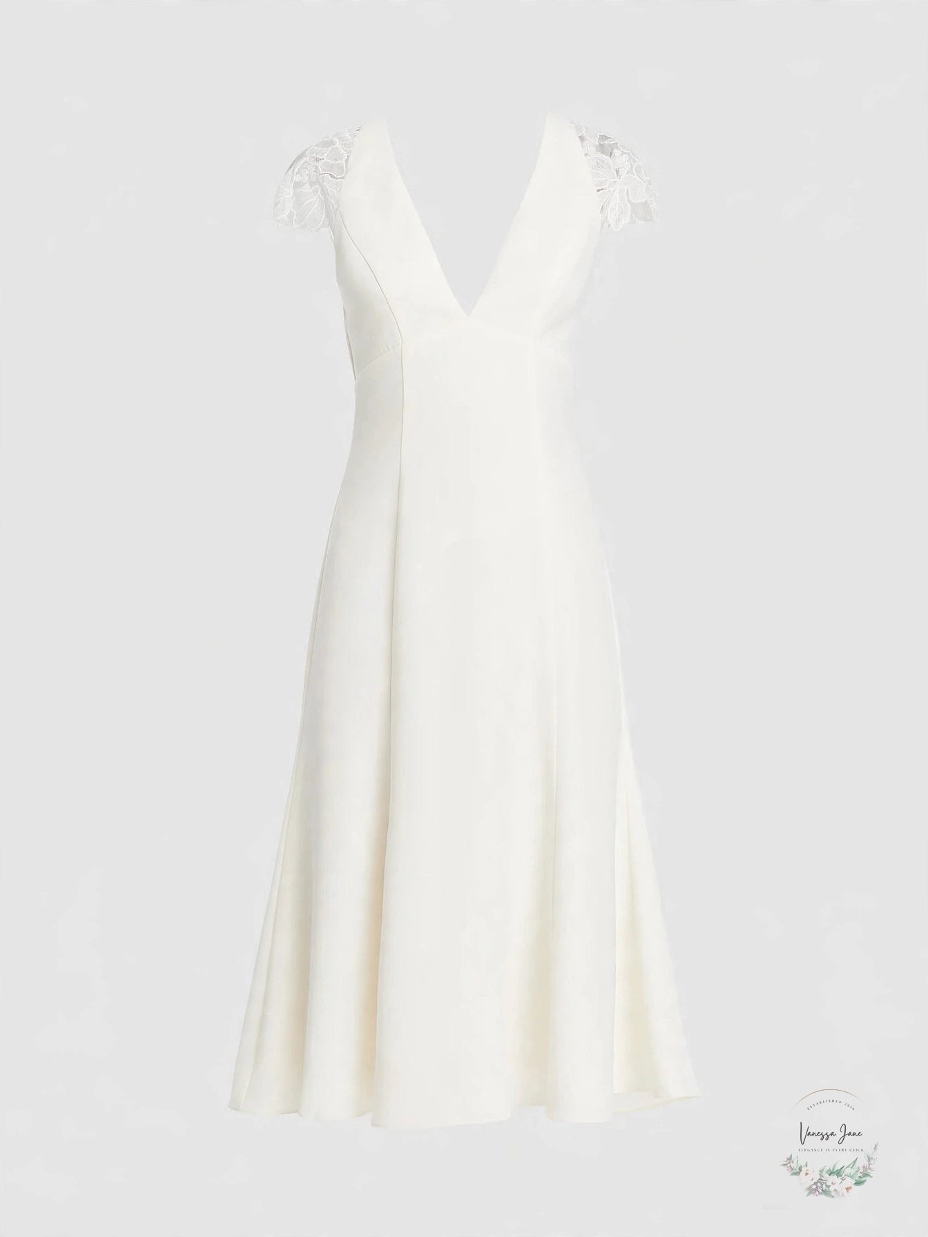 Amsale Ivory V-Neck Lace Cap Sleeve Midi Dress