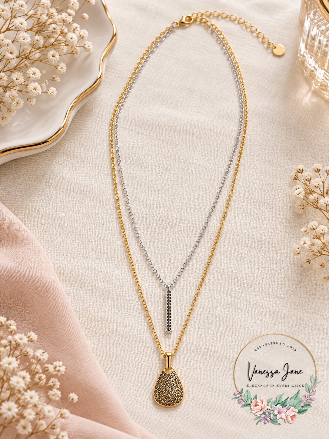 Lucky Brand Two-Tone Pave Bar and Paddle Layered Necklace, 18-1/2  2