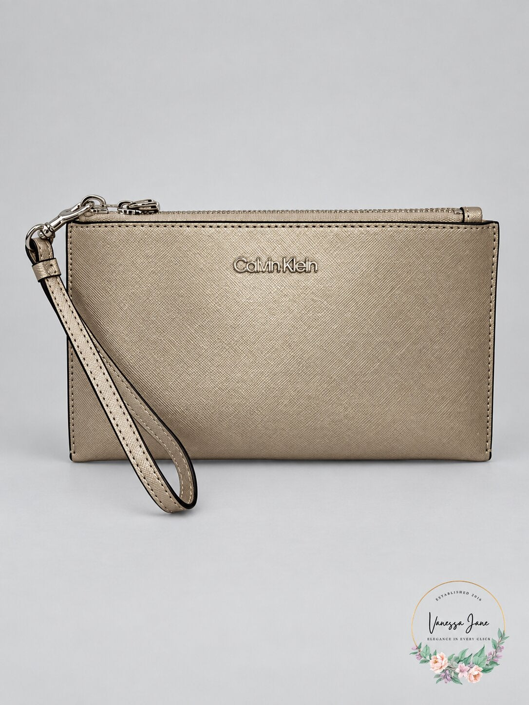 Calvin Klein Saffiano Leather Wristlet, Metallic Taupe/Silver
