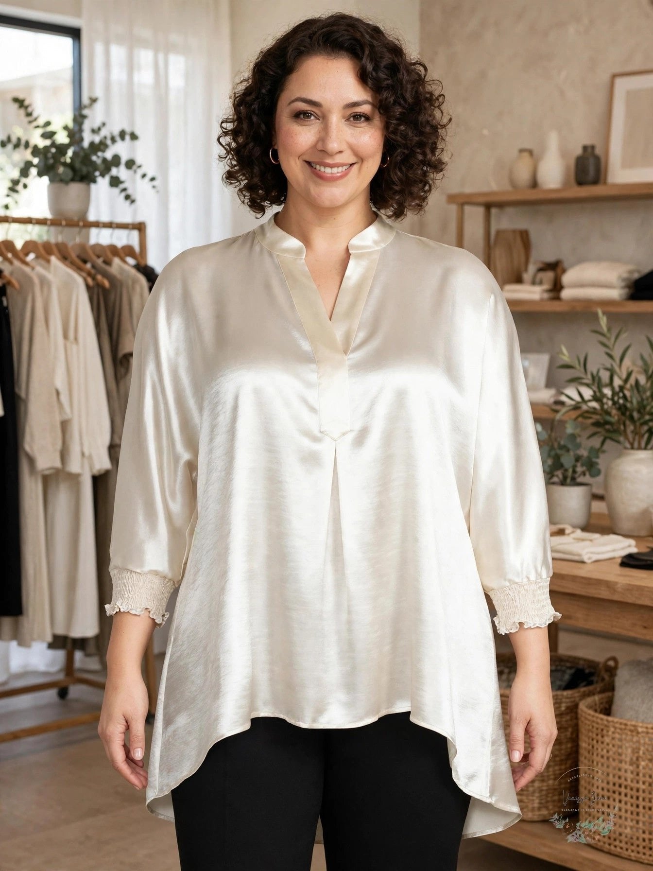 Anne Klein Womens Plus Smocked Hi-Low Tunic Top