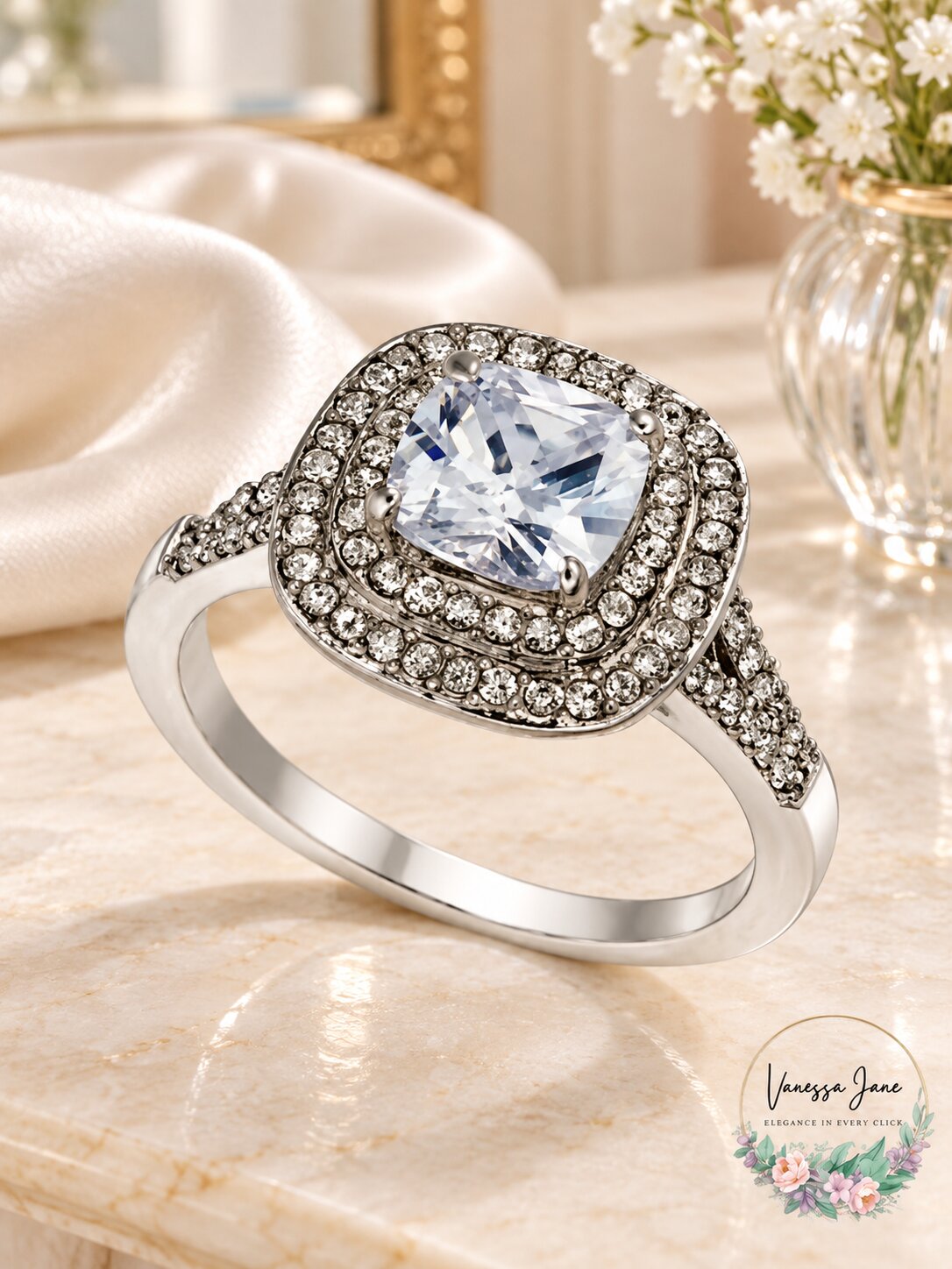 Charter Club Double Halo Crystal Center Ring, Size 9