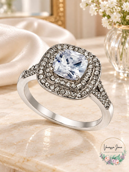 Charter Club Double Halo Crystal Center Ring, Size 9