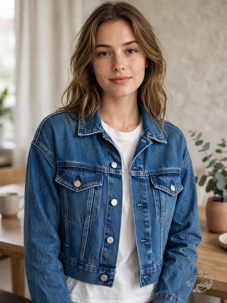 Women's Blue Cropped Denim Jacket - Waistline Button-Front, Size Small